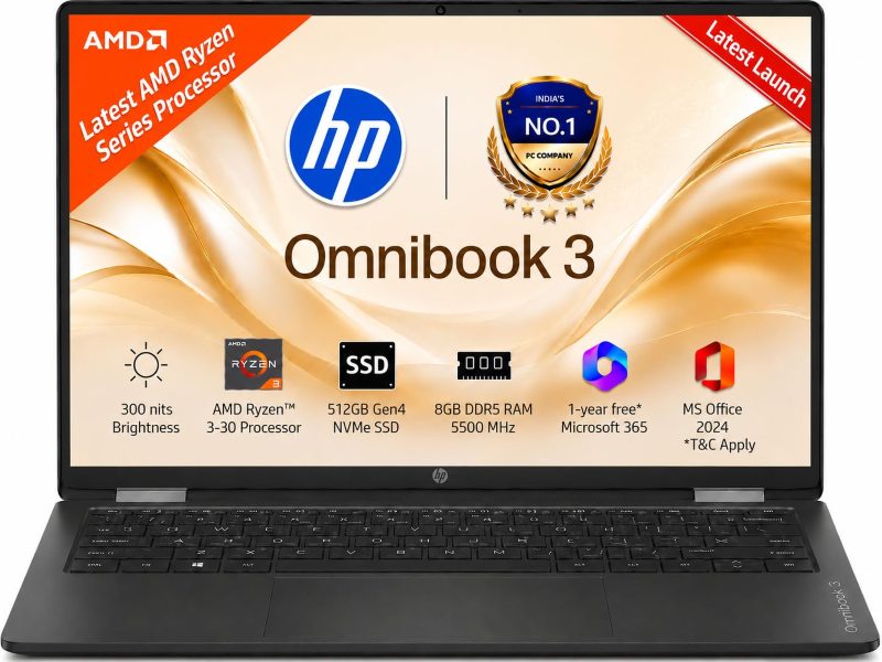 HP OmniBook 3 14 inch Laptop PC Laptop (Ryzen 3 30/ 8GB Lpddr 5 RAM/ 512GB SSD/ 14 inch/ Windows 11 Home) 14-hy0030AU