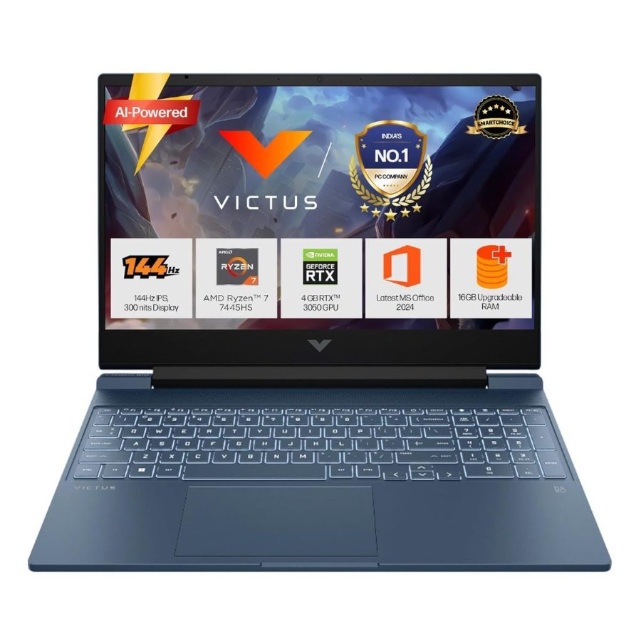 HP Victus Gaming Laptop (AMD Ryzen 7/ 16GB RAM/ 512GB SSD/ 15.6 Inch (39.6 cm) 144 Hz Full HD IPS Display/ 6GB-NVIDIA GeForce RTX 3050 Graphics/ Windows 11 Home/ MS-Office) 15-fb3125AX
