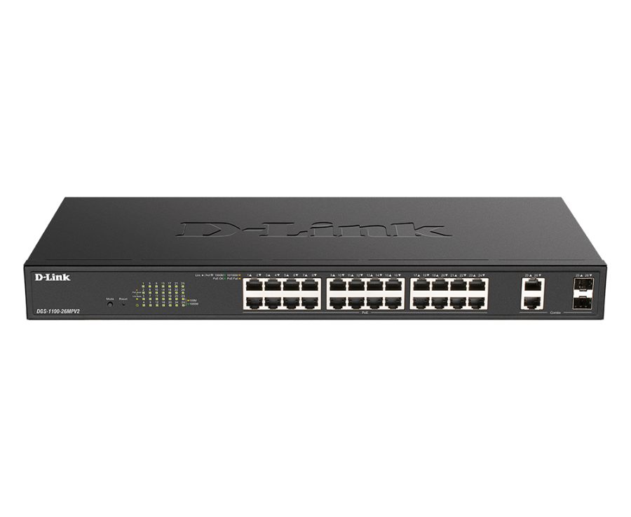 D-Link DGS-1100-26MP 26-port PoE switch; 6kV surge protection; Standard & Surveillance modes